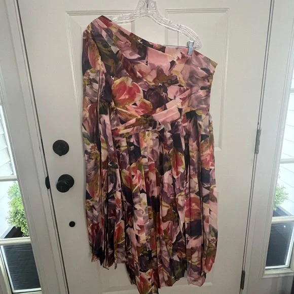 Kay Unger Lilah Tea Length Floral One-Shoulder Dress - Picture 9 of 12